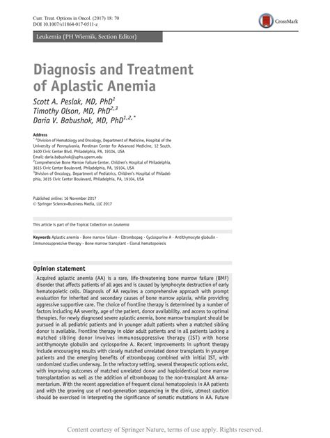 Diagnosis And Treatment Of Aplastic Anemia Request PDF