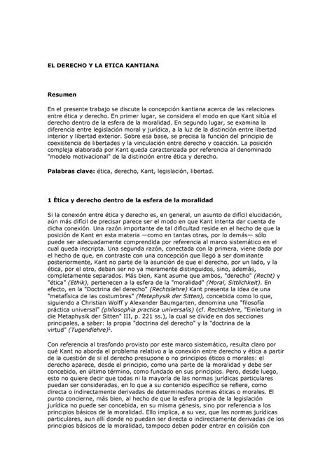 El Derecho Y La Etica Kantiana El Derecho Y La Etica Kantiana Resumen