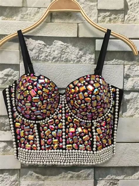 New Women Cross Rhinestone Bead Bustier Pearls Diamond Push Up Night