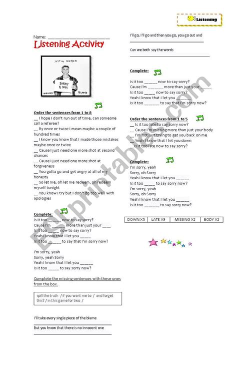 Song Sorry Justin Bieber Esl Worksheet By Marcelar