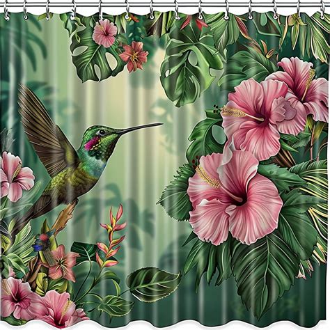 Exotic Tropical Hibiscus Shower Curtain With Hummingbirds Vibrant