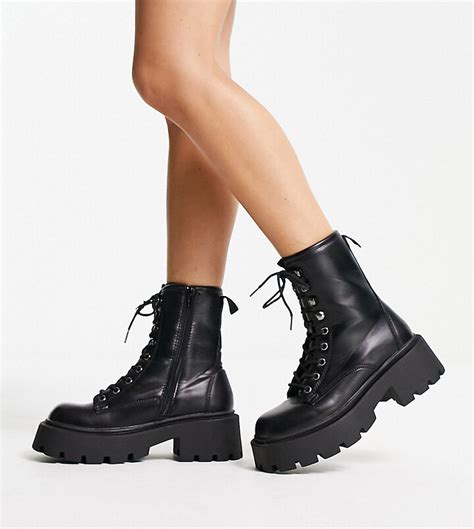 Truffle Collection Wide Fit Square Toe Chunky Lace Up Boots In Black