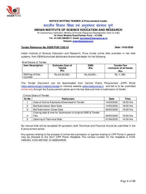 Fillable Online Tender Reference No IISER PUR 1353 19 Fax Email Print