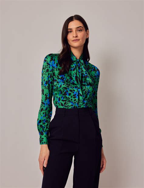 Green Black Dual Spots Pussy Bow Blouse Hawes Curtis