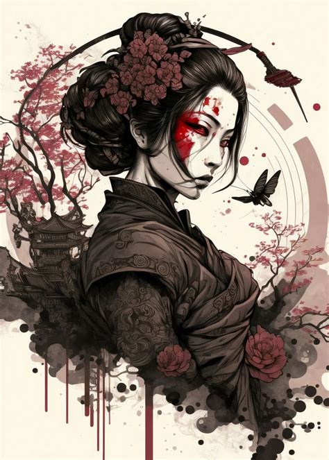 Geisha Samurai Poster By Graphic Japanese Displate Geisha Tattoo