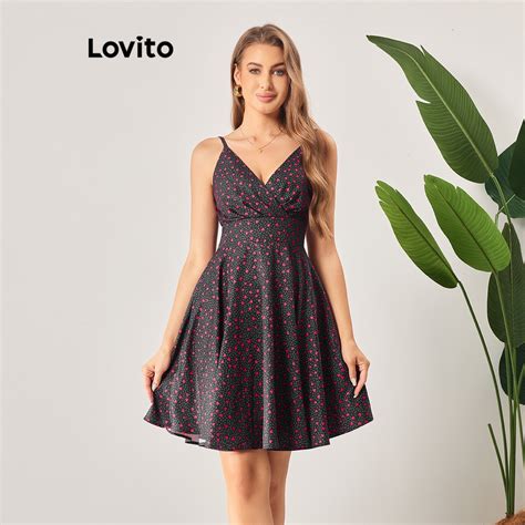 Lovito Women Casual Floral Criss Cross Ruffle Hem Dress Lbl Black