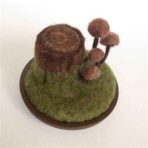 Woodland Mushrooms On Tree Stump Wool Felted Mycology Sculpture