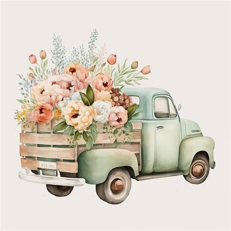 Premium Photo Drawing Of A Truck With Flowers Watercolor White