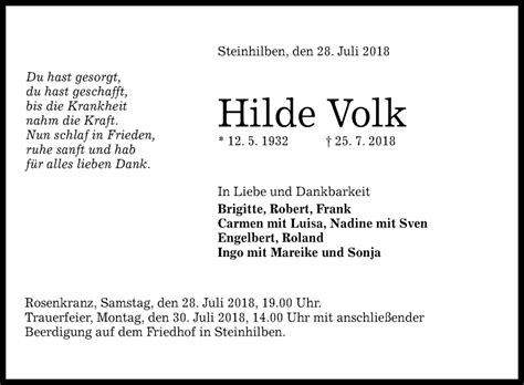 Traueranzeigen Von Hilde Volk Trauer Gea De