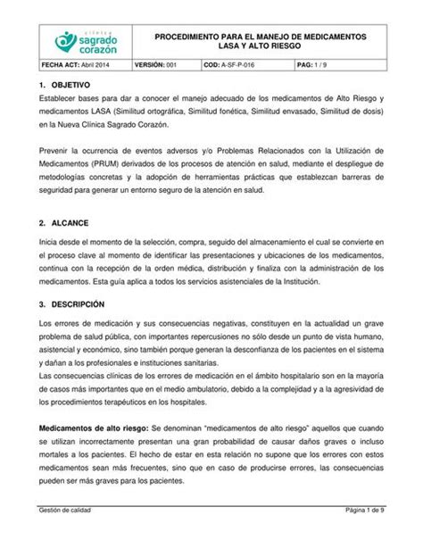 Procedimiento Para El Manejo De Medicamentos Lasa Y Alto Riesgo