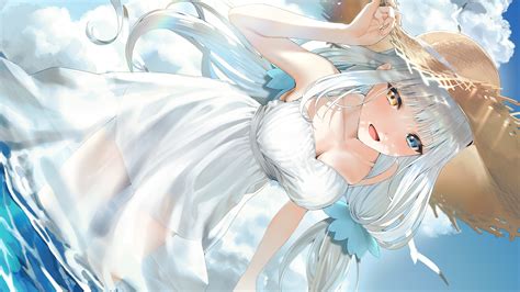 Aliasing Bicolored Eyes Blush Breasts Cleavage Clouds Dress Gray Hair