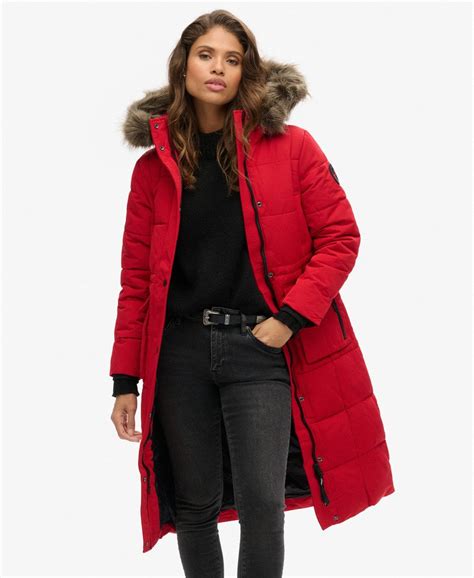 Womens Everest Longline Puffer Coat In Deep Red Superdry Uk