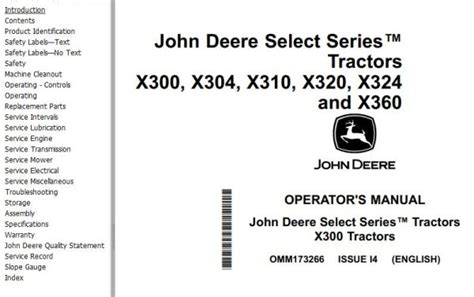 John Deere Tractors X300 X304 X310 X320 X324 X360 Operator S Manual