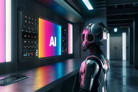 Premium Photo Neonlit Humanoid Robot In A Futuristic Control Room