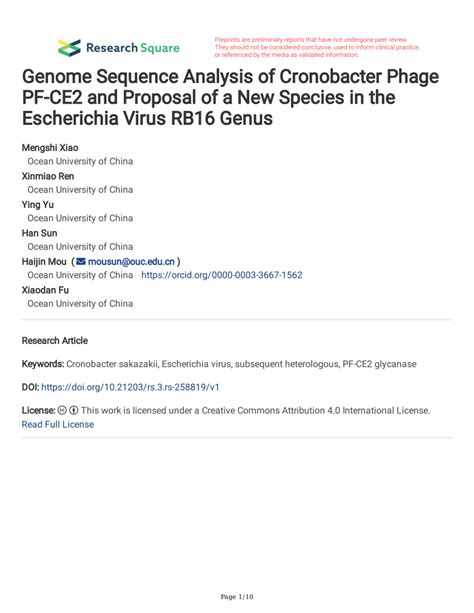 PDF Genome Sequence Analysis Of Cronobacter Phage PF CE2 And Proposal