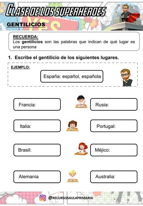 Actividad de Gentilicios para 3º 4º de primaria Gentilicios