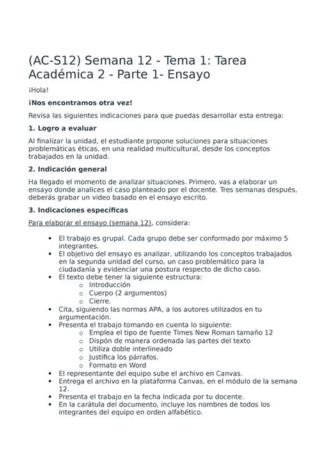 Ac S Semana Tema Tarea Acad Mica Parte Ensayo