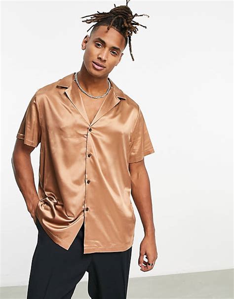 Asos Design Relaxed Satin Shirt With Deep Camp Collar In Light Brown Asos