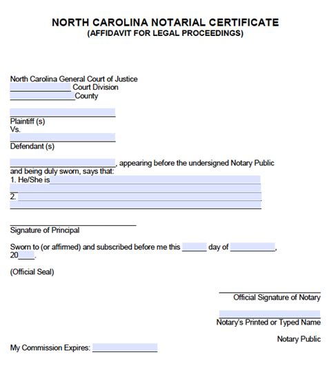 Free North Carolina Notarial Certificate Affidavit For Legal