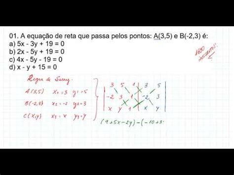 A equação de reta que passa pelos pontos A 3 5 e B 2 3 é YouTube