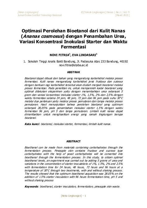 Pdf Optimasi Perolehan Bioetanol Dari Kulit Nanas Ananas Cosmosus