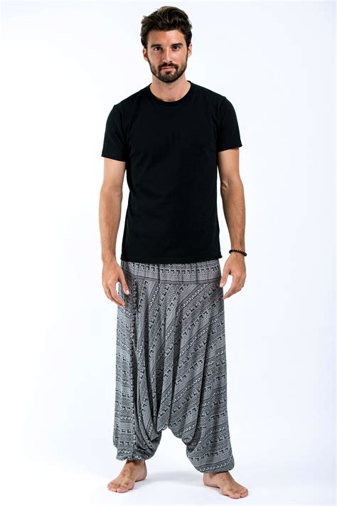 Aztec Stripes Drop Crotch Mens Harem Pants In Black