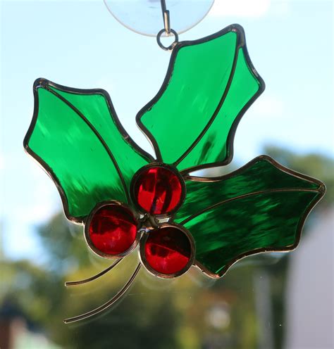 Stained Glass Holly Ornament Christmas Holly Suncatcher Etsy