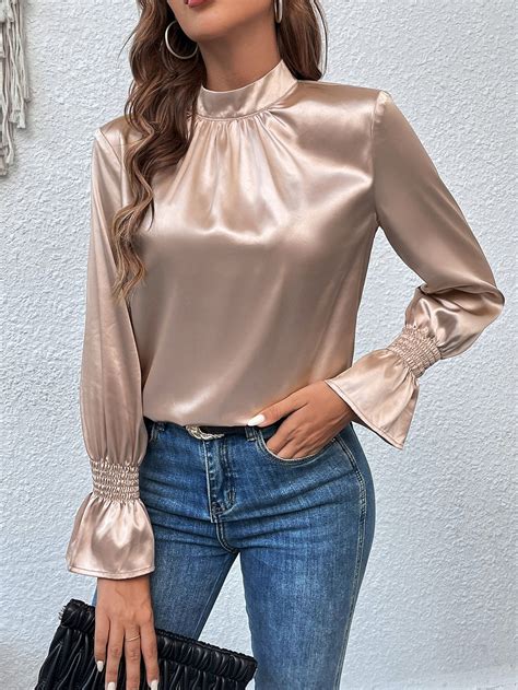 Chic Satin Blouse With Flounce Sleeves