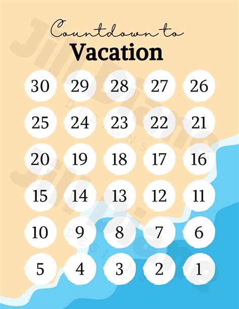 Vacation Countdown Printable Countdown Calendar 30 Days Pdf Beach Waves