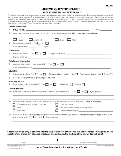 MC-003 Juror Questionnaire for Expedited Jury Trials Free Download