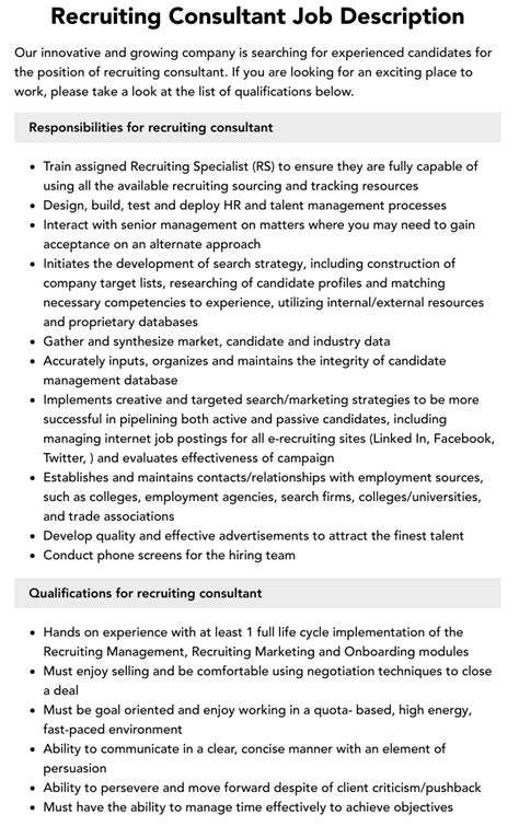 Recruiting Consultant Job Description Velvet Jobs