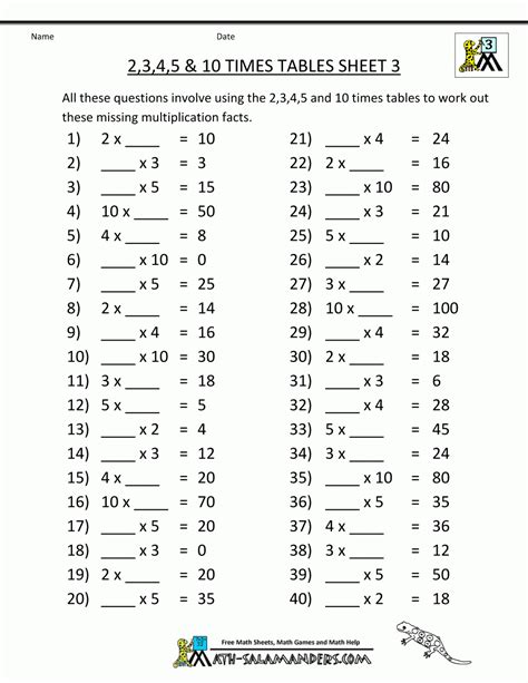 Printable Multiplication Table Grade 4