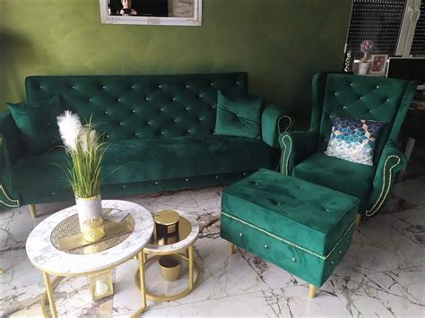 Zestaw Glamour Chesterfield Wersalka Fotel Uszak Pufa Sofa Kanapa