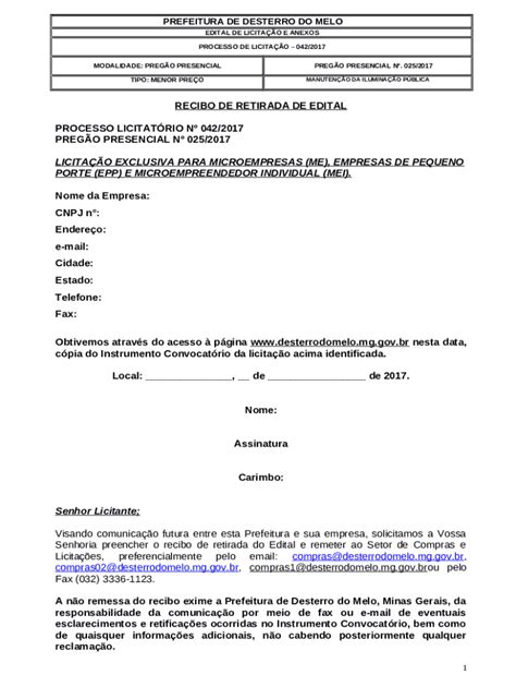 Recibo De Retirada De Edital Processo Licitatrio N 004 Doc