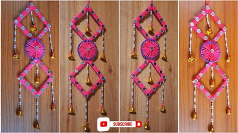 Diy Ice Cream Stick Wall Hanging Ice Cream Stick And Woollen Craft Ice Cream Stick Craft Idea