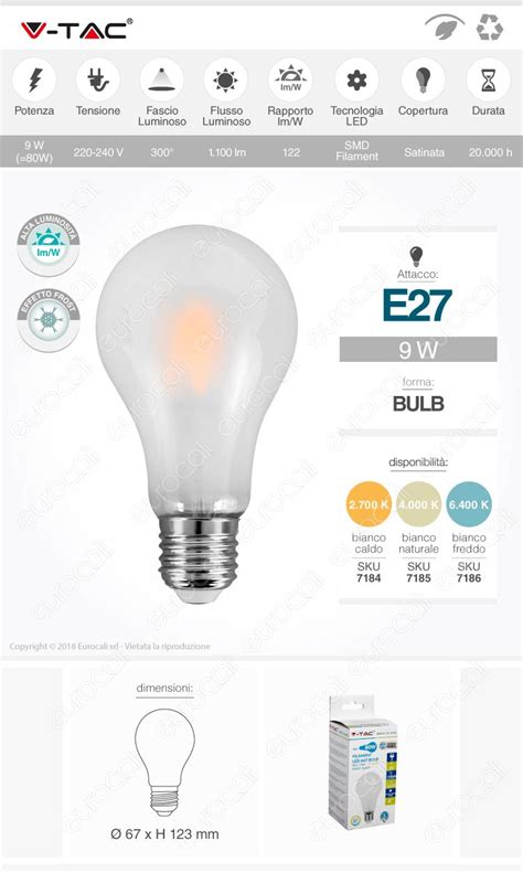 V Tac Vt Lampadina Led E W Bulb A Frost Filamento