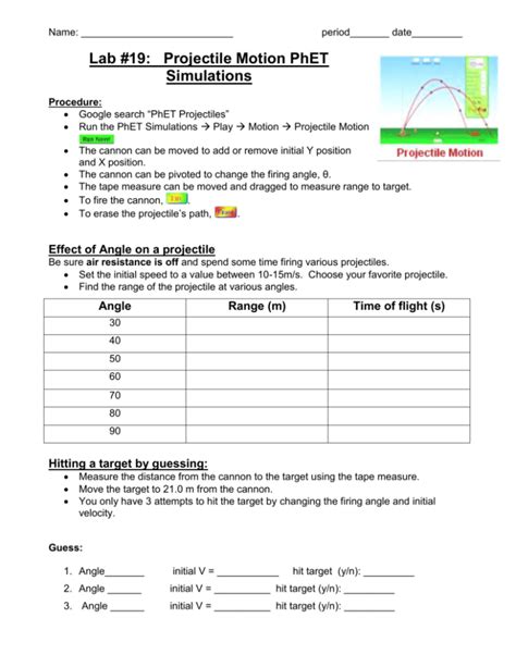 Projectile Motion Activity Sheet