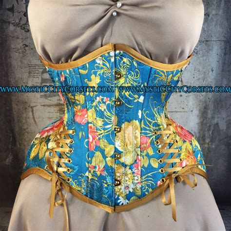 Mcc V Blue Floral Brocade Satin Underbust Corset With Hip Ties