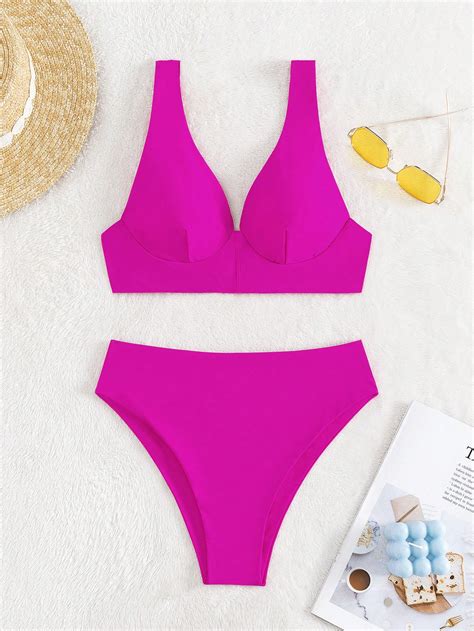 SHEIN Swim Basics Solid Wireless Bra Bikini Swimsuit SHEIN USA