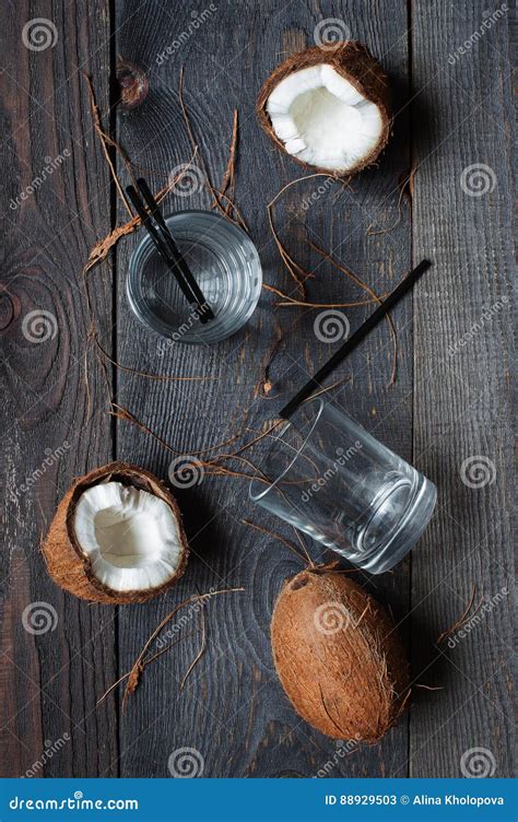 Coconut Water And Coconuts On The Wooden Table Stock Image Image Of