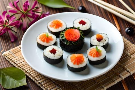 Premium Photo Sushi On A Plate With A Flower In The Background