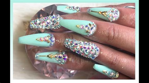 Tiffany Blue W Bling Acrylic Nails Full Set Youtube