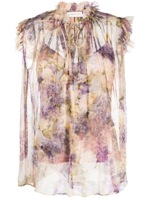 Zimmermann Floral Print Silk Blouse Neutrals Editorialist