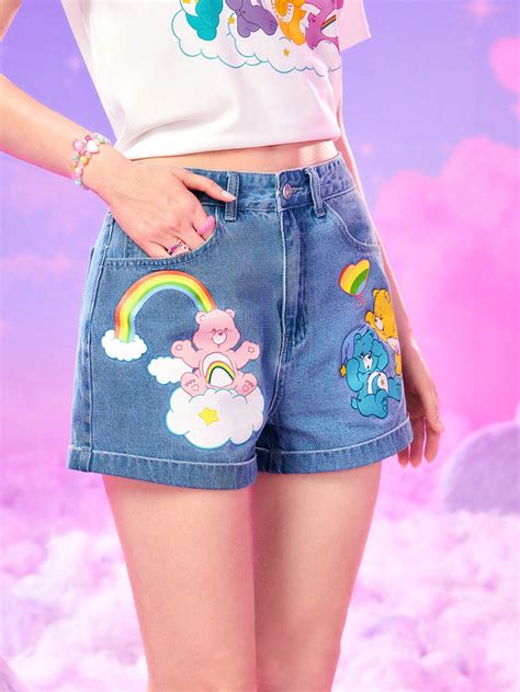 ROMWE X Care Bears Cartoon Graphic Denim Shorts Care Bears Cool