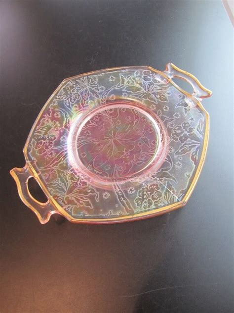 Pink Carnival Glass Etched Handled Plate By Curiouscatvintage