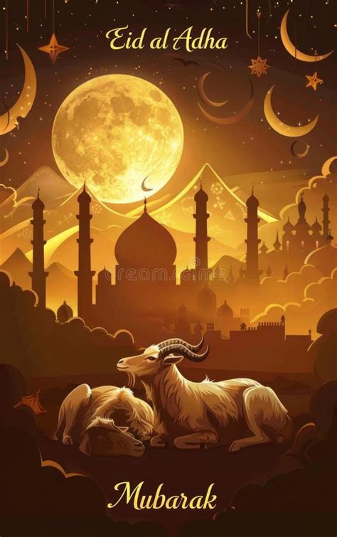 A Festive Eid Al Adha Illustration Showcasing A Full Moon Over A Mosque