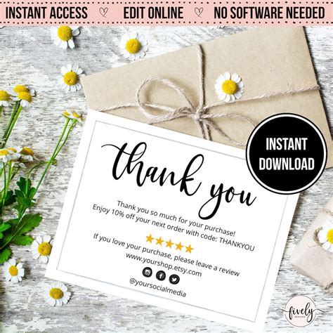 Etsy Thank You Card Printable Thank You For Your Order Card Etsy