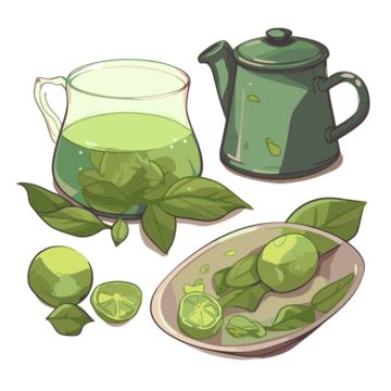 Green Tea Vector, Sticker Clipart Green Tea Teapot And Lime Cartoon ...