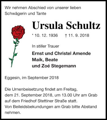 Traueranzeigen Von Ursula Schultz Trauer Nordkurier