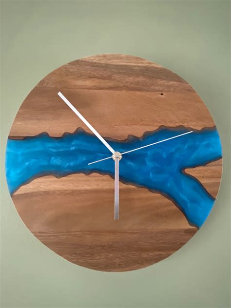 Epoxy Resin River Hardwood Clock Shiny Blue Acacia Etsy Uk